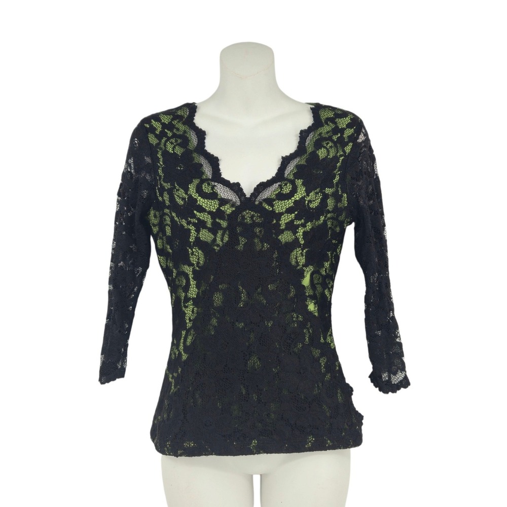 INC International Concepts Top Women Small Black Lace Green Lining V-Neck